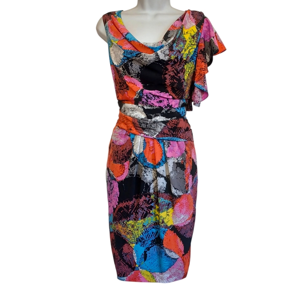 JULIE DILLON NEW YORK Colorful One Shoulder Ruffle Colorful Print Black Dress 10